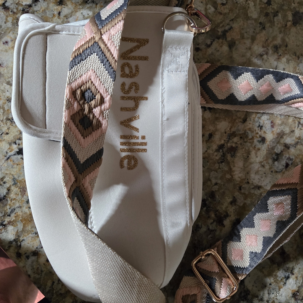 White Crossbody Bag with Patterned Strap
